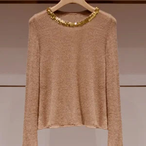 Ladies' Knitted Glitter T-irt Casual Base Layer Top Heavy Embelliment Retro Sle Commute Faion Sve Long round Ne - AliExpress Sweaters&Jumpers