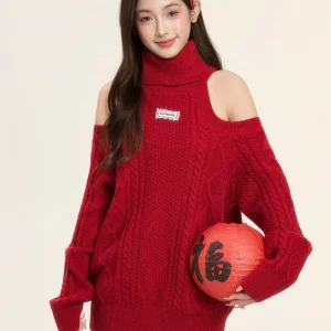 Sweet Youthful Knitted oulder Bared Sweater by IcyNude Store Red Twist Casual Loose Fit Long Sve High Collar Autumn Wint... - AliExpress Sweaters&Jumpers