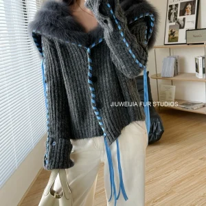 2025 Autumn Winter Heavy Fashion Knitted Fox Fur Navy Collar Short Knitted Cardigan Women Elegant Sweater Long Sleeve Sweater - AliExpress Sweaters&Jumpers