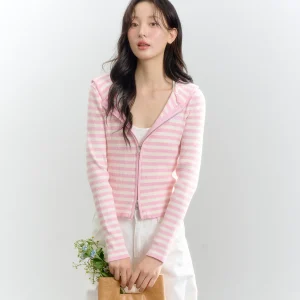Pink Striped Knitted Open Cardigan Women's Early Autumn Zip Casual Korean Sle Versatile Waist-Cinching Outerwear - AliExpress Sweaters&Jumpers