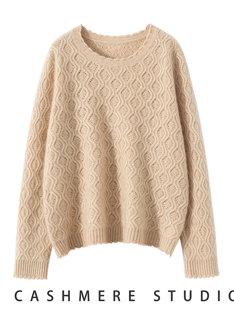Chic 100% Cashmere Knitted Jacquard Sweater Women's Hollow Pullover O-Neck Autumn Winter Solid Color Soft Fashion Casual Tops - AliExpress Sweaters&Jumpers