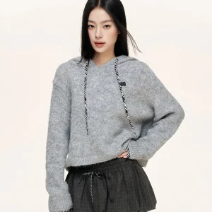Liilou Knitted Plaid Dstring Hooded Loose Casual Top Retro Sle Polyester Fiber Long Sve ort Length  Color - AliExpress Sweaters&Jumpers