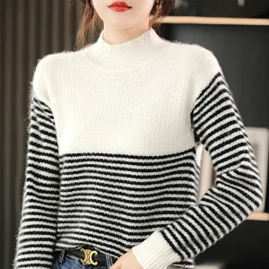 Warm Preppy Style Spliced Stripe Soft O-Neck Long Sleeve Loose Tops 100% Merino Wool Knitwear Basic Women's Pullovers Sweater - AliExpress Sweaters&Jumpers