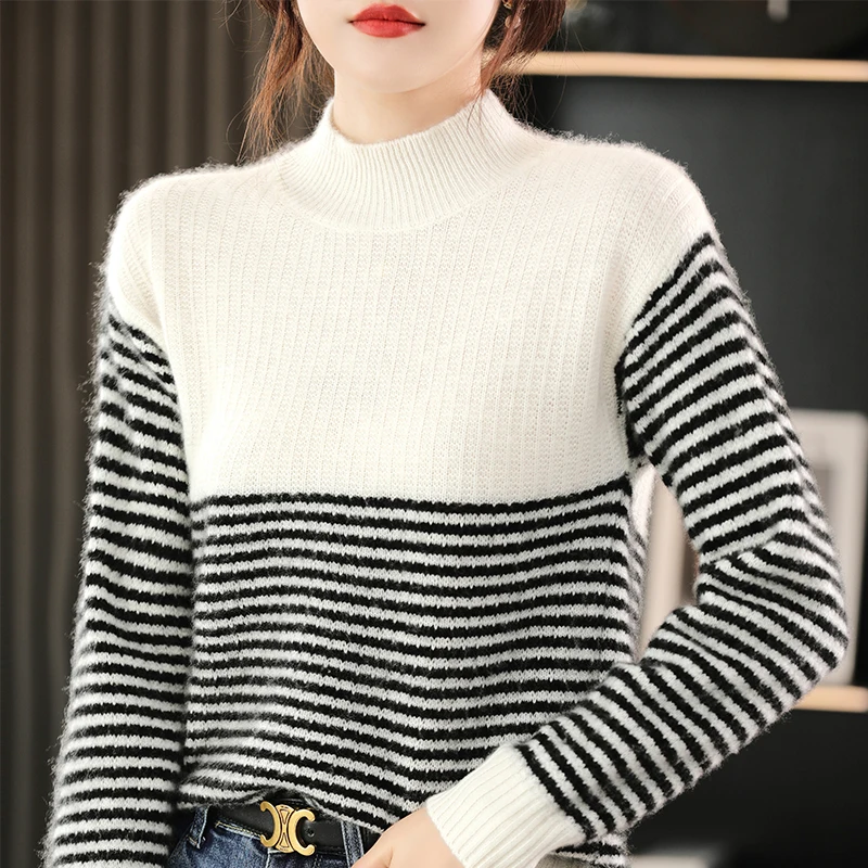 Warm Preppy Style Spliced Stripe Soft O-Neck Long Sleeve Loose Tops 100% Merino Wool Knitwear Basic Women's Pullovers Sweater - AliExpress Sweaters&Jumpers