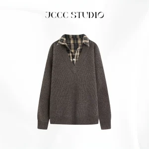 JCCC Caramel Latte Plaid irt Patchwork Hoodie Deep Brown Fake Two-Piece Knitted Sweater mat Sle Women's Faion - AliExpress Sweaters&Jumpers