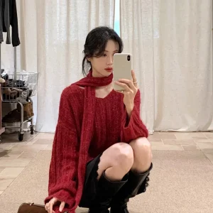 BRIIVN Korean Sle Women's Red Camel Hair Hollow out Sweater Ultra White Fine Sparkle Faionable Top for Autumn Winter - AliExpress Sweaters&Jumpers