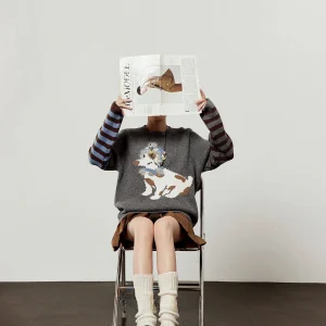 Doggies ey Knitted Sweater Women's Spring New Cartoon Embroidery Fake Two-Piece Top Breathable Long Sve round Ne - AliExpress Sweaters&Jumpers