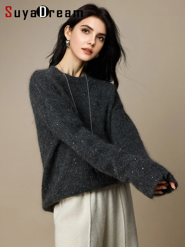 SuyaDream, Women Beadings Pullovers, 69%Mohair, Round Neck, Charcoal Heavy Sweaters, 2025 Fall Winter Warm Top - AliExpress Sweaters&Jumpers