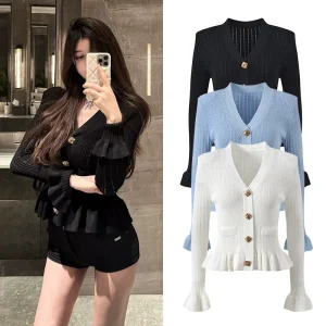 Ele Slim Fit Knitted Top V-Ne Single Button Wood ain Sve Faionable Versatile Women's Autumn Bright Tead - AliExpress Sweaters&Jumpers