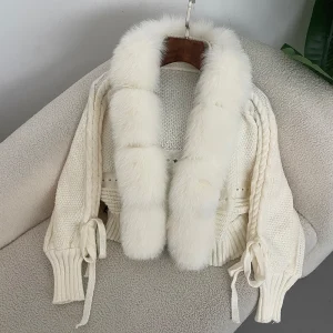 Women's top, high-end spring outfit, real fox fur placket, fur sweater, women's knitted cardigan jacket cropped cardigan - AliExpress Sweaters&Jumpers
