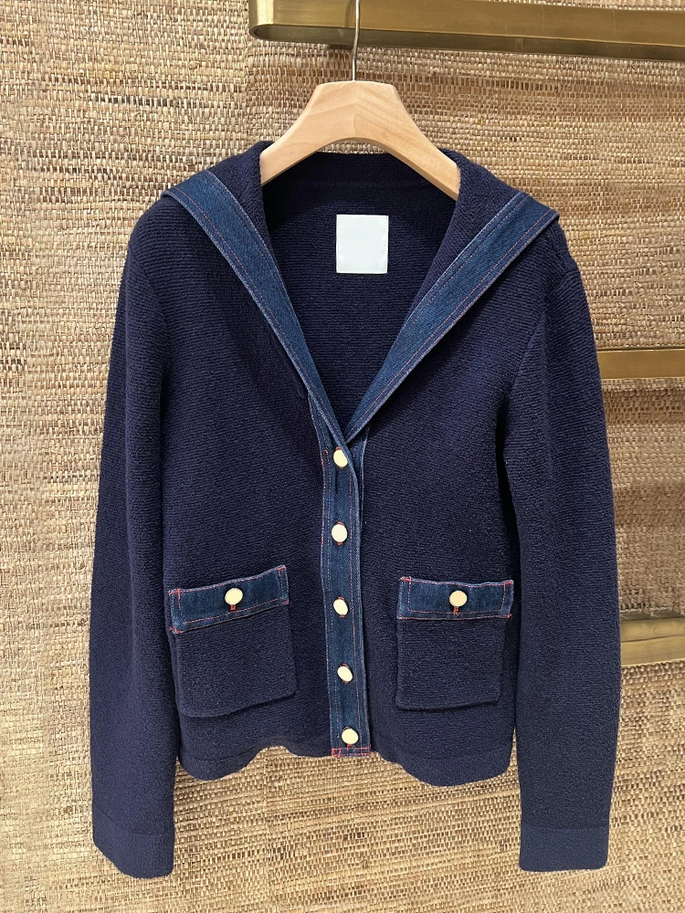 S Home South Oil High End Women's Spring 2025 College Sle Navy Collar Denim Knitted Cardigan Coat Casual Long Sve V Ne - AliExpress Sweaters&Jumpers