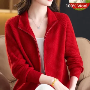 00 Pure Wool Zipper Knitted Open Cardigan Women's Faionable Red Sweater Coat Stand Collar ly Women's Clothing - AliExpress Sweaters&Jumpers