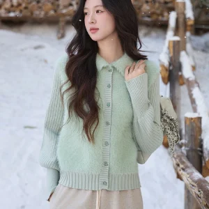 MISHOW Women's Green Faux Mink Fur Patchwork Knitted Cardigan Winter Lapel Warm Soft Knit Top single-breasted sweater MXE86Z2764 - AliExpress Sweaters&Jumpers