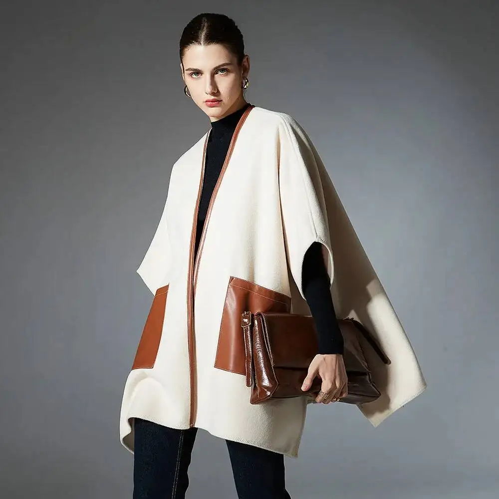 Fashion Elegant Double Sides Wool Coat Cape Leather Pockets Good Quality Poncho Women Autumn Winter Outerwear Cloak - AliExpress Sweaters&Jumpers