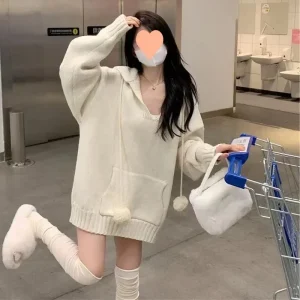 Y2k Aesthetic Autumn V Neck Woman Sweaters Harajuku Loose Grunge Cardigan Mujer Ball Drawstring Pocekt Patchwork Solid Pullovers - AliExpress Sweaters&Jumpers