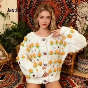 Bohemian Three-dimensional Crochet Handmade Needle Sweater Knitted Cardigan Loose Autumn And Winter New Round Neck Jacket Top - AliExpress Sweaters&Jumpers