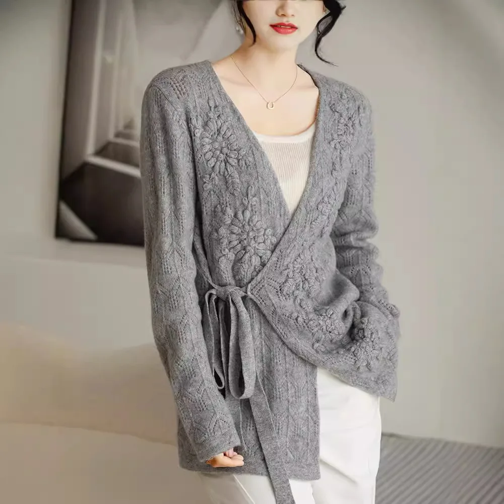 Cashmere Cardigan Women's Autumn/Winter Embroidered V-neck Lazy Loose Sweater Slimming French Coat - AliExpress Sweaters&Jumpers