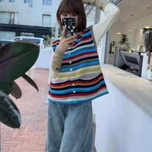 ASBR Knitted Vest Svel Dopane Color Blo Striped Multi-Bule Open Cardigan Soft Woolen Women's Faion - AliExpress Sweaters&Jumpers