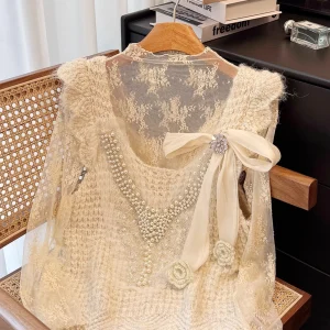 French Fairy Style Sweet Ruffled V-neck Rhinestone Bow Lace High-neck Base Sweater Two-piece Set for Women 2025 Winter New - AliExpress Sweaters&Jumpers