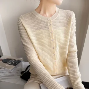 Spring 2025 New Pure Wool Cardigan Ladies Round Neck Jacquard Jacket Sweater Fashion Thin Knit Shirts Loose Long sleeves Blouse - AliExpress Sweaters&Jumpers