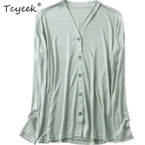 Tcyeek Silk Blending Elegant Sweater Cardigan V-Neck Solid Color Soft Fashion Casual Coat Commuter Autumn Winter New C3N871QM - AliExpress Sweaters&Jumpers
