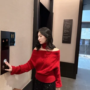 Sweet Little Princ High Collar Woolen Sweater Red Loose Knitted Top oulder Bared Autumn Winter New Sle Commute Sle - AliExpress Sweaters&Jumpers