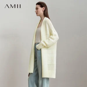 AMII Minimalist Women's Long Autumn Beige Cardigan 2025  Casual Loose Hollow Out Design Tum-Down Collar Open Stitch Tops12523132 - AliExpress Sweaters&Jumpers
