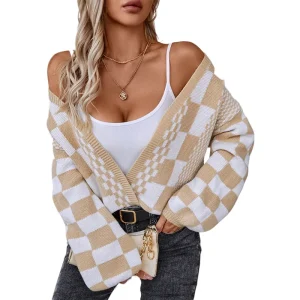 Contrasting  plaid European beautiful women's sweater 2024 autumn and winter new casual loose lantern sleeve knitted cardigan - AliExpress Sweaters&Jumpers