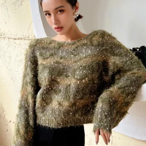 French Elegant Versatile Knitted Sweater Off-Shoulder Long Sleeve Shiny Loose Casual Knitwear Pullovers Tops for Women Autumn - AliExpress Sweaters&Jumpers