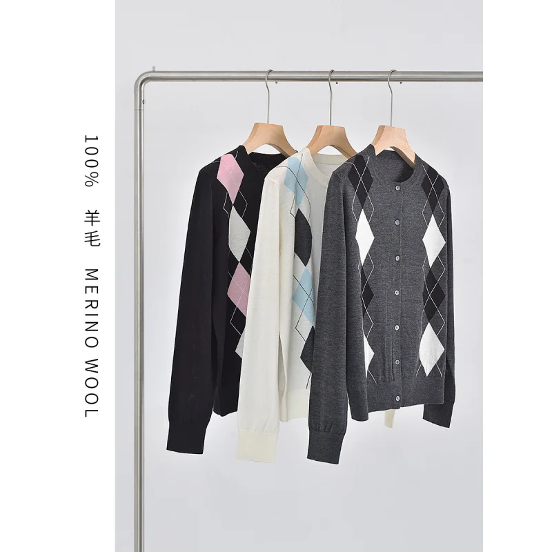 2025 New Style Wool Sweater 100% for Women Versatile Slim Retro Color Block Diamond Grid Round Neck Long Sleeve Cardigan - AliExpress Sweaters&Jumpers