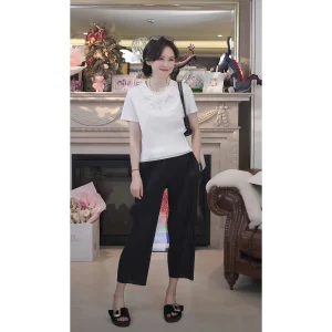 Summer ort Sve T-irt Pearl Embroidery Hollow out Design Slim Fit round Ne Cotton Lyocell Single Piece Casual Sle - AliExpress Sweaters&Jumpers