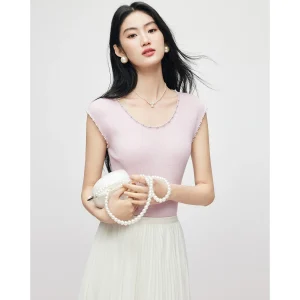 MandyZhang Pink Luxury Beaded Silk Wool Knitted T-irt Women's Design U-Ne Beaded Slim Fit ort Svel round Ne Top - AliExpress Sweaters&Jumpers