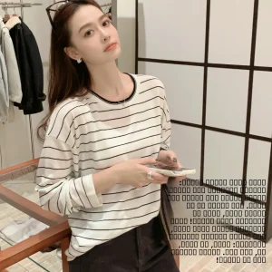 Meiyang Conversational Knitted Long Sve round Ne Loose Fit Striped T-irt Soft Polyester Casual Sle Women's Top - AliExpress Sweaters&Jumpers