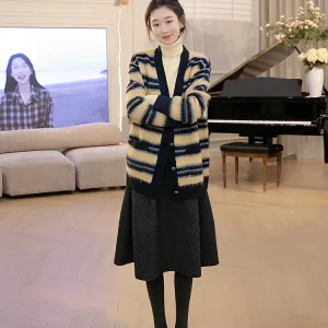 OUDOEE Striped Color Blo Knitted Cardigan Women's Spring 2026 New Small Size Commute Sweater Jaet Casual Sle V-Ne - AliExpress Sweaters&Jumpers