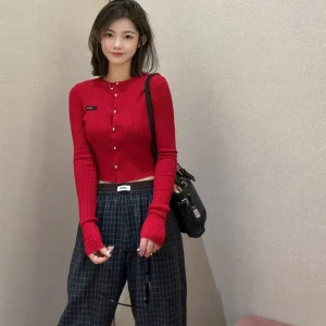 Red Woolen Knitted Cardigan Women's Slim Fit Festival Aosphere Sweater Top Jialin Casual Sle Button up Long Sve - AliExpress Sweaters&Jumpers