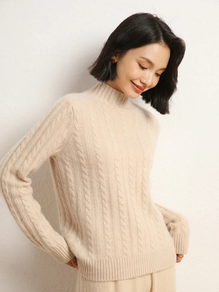 TLOML Mock Neck Long Sleeve Women 100% Cashmere Sweater Cable Knitting Pullover Cashmere Knitwear Autumn Winter Thick Soft Tops - AliExpress Sweaters&Jumpers
