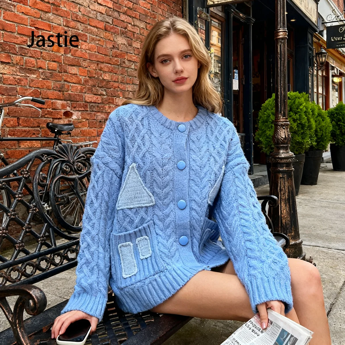 Light Blue Cable Knit Cardigan With Geometric Patches Women's Sweater Cardigan Coat - AliExpress Sweaters&Jumpers