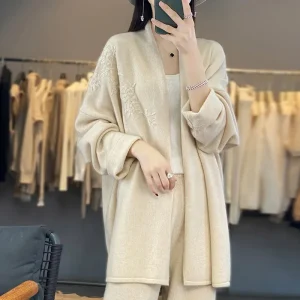 Ladies hand-embroidered cashmere cardigan long sleeve V-neck lapel knitted sweater comfortable loose windbreaker - AliExpress Sweaters&Jumpers