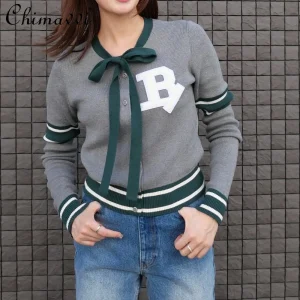 Japanese Style Chest Embroidered Patch Color-Block Satin Bow Tie Sweater Top College Long Sleeve Elegant Knitted Womens Cardigan - AliExpress Sweaters&Jumpers