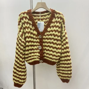 Women Chunky Knit Cardigan Vintage Handmade Style Striped V Neck Button Down Sweater 2025 Autumn Winter Fashion Knitwear - AliExpress Sweaters&Jumpers