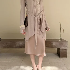 Loose Women's Knitted Open Cardigan Hydrangea XiIng Apricot Irregular Tied Design Slimming Outerwear Top - AliExpress Sweaters&Jumpers