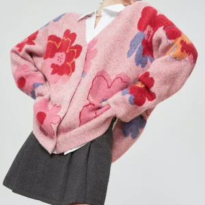 Pink Floral Knitted Open Cardigan Women's Loose Lazy Style Mid-Length Sweater Jacket Trendy V-Neck Long Sleeve Polyester Fiber - AliExpress Sweaters&Jumpers