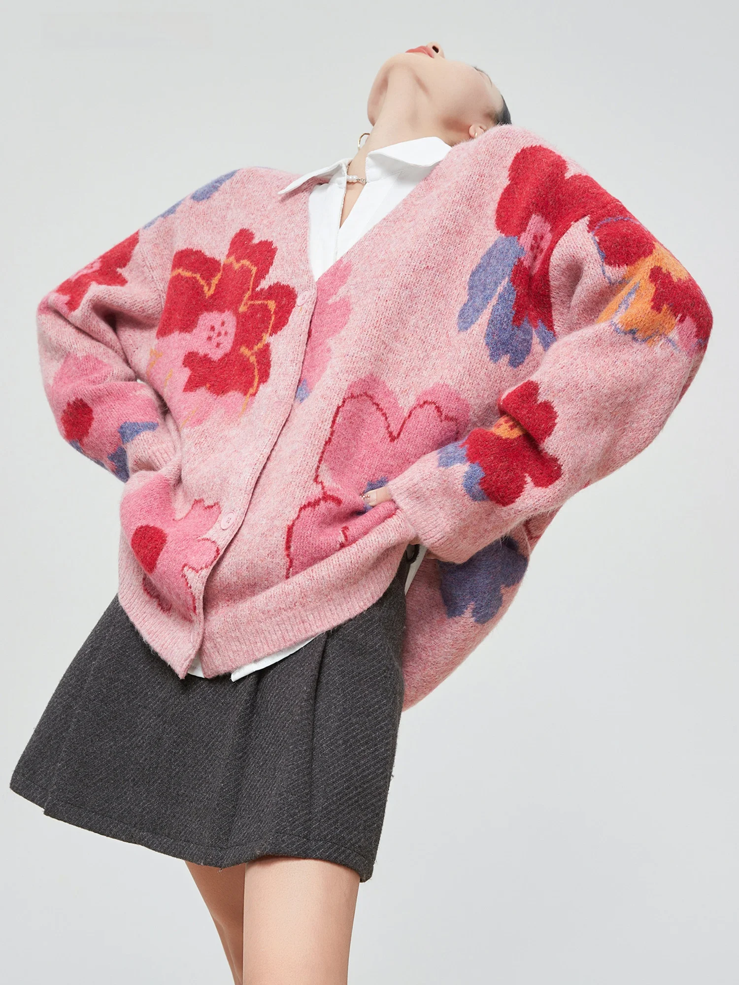 Pink Floral Knitted Open Cardigan Women's Loose Lazy Style Mid-Length Sweater Jacket Trendy V-Neck Long Sleeve Polyester Fiber - AliExpress Sweaters&Jumpers