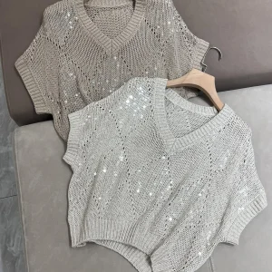 Exquisite knitted sequined cotton linen V-neck short sleeve top - AliExpress Sweaters&Jumpers