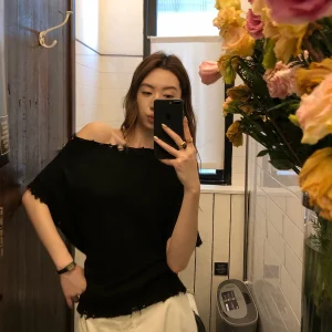 Gakee Official Women's Knitted oulder Bared Handmade Frayed Casual Sle Loose Fit Soft Wool Blend T-irt Spring New ... - AliExpress Sweaters&Jumpers