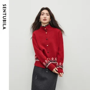 SENTUBILA Fair Isle Cardigan for Women 2026 Contrasting Stand Neck Jacquard Knitted Sweater Women's Spring Casual Top W61EA6557 - AliExpress Sweaters&Jumpers
