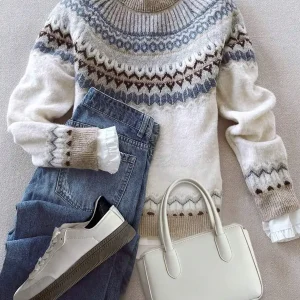 Women's Loose Fit Crew Neck Knit Sweater with Geometric Fair Isle Pattern - AliExpress Sweaters&Jumpers