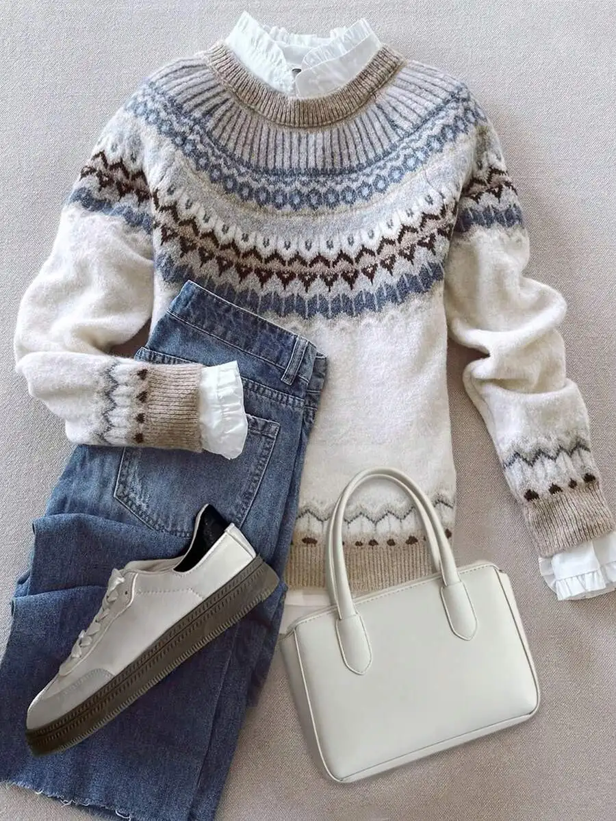 Women's Loose Fit Crew Neck Knit Sweater with Geometric Fair Isle Pattern - AliExpress Sweaters&Jumpers