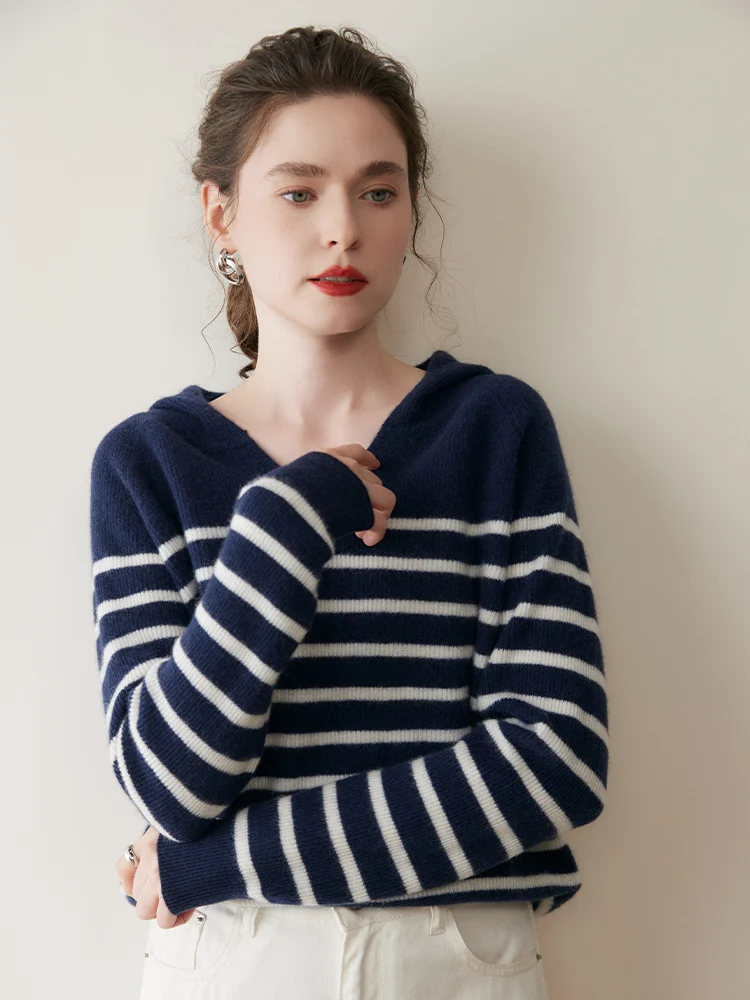 100% Cashmere Knitwear Spring Autumn Striped Casual Simple Style Hoodie Clothing Women Cashmere Hooded Pullover Sweater Tops - AliExpress Sweaters&Jumpers