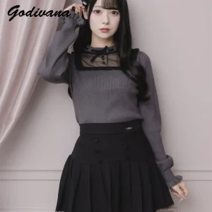 Japanese New Autumn and Winter Women's Elegant Mesh Lace Patchwork Bow Pullover Sweater Sweet Knitted Tops - AliExpress Sweaters&Jumpers